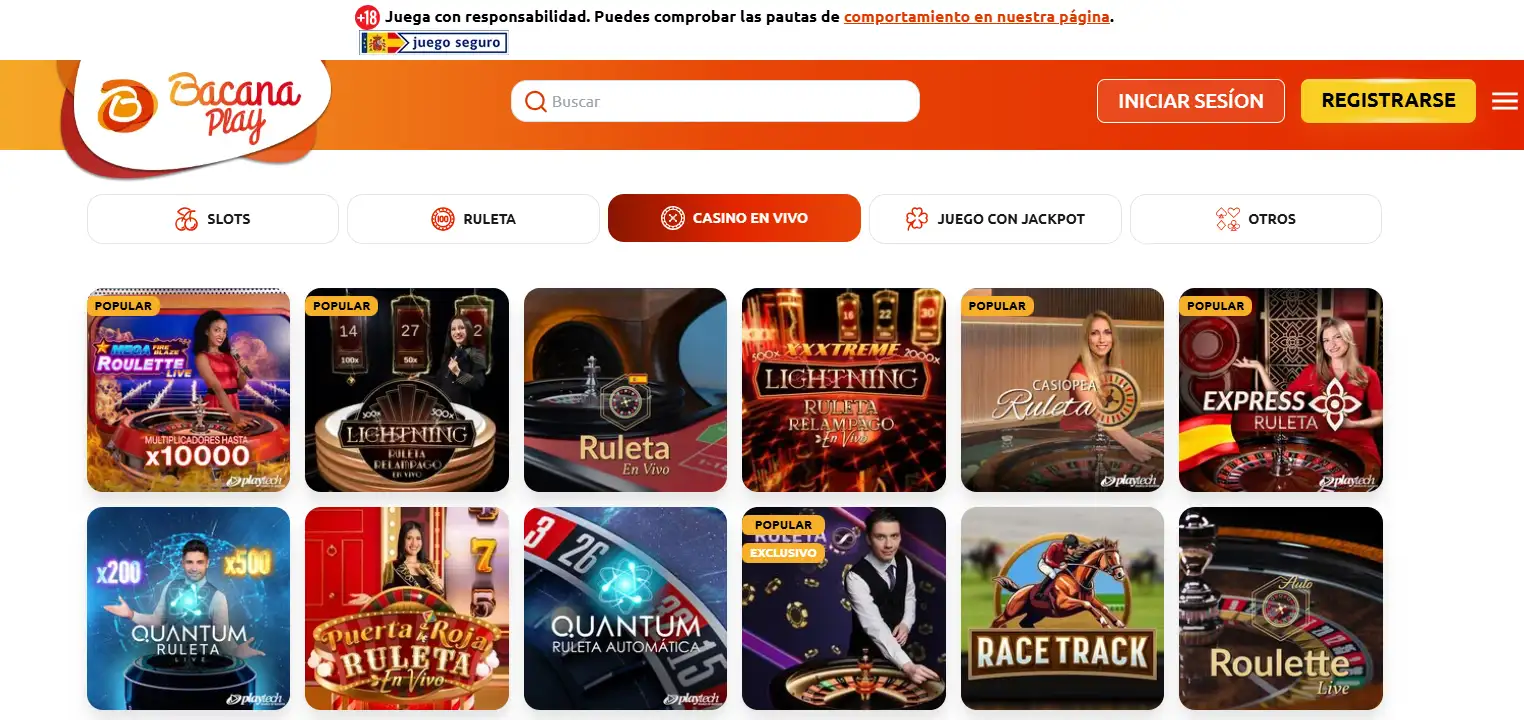 Sección de casino en vivo de BacanaPlay en España con varias mesas visibles
