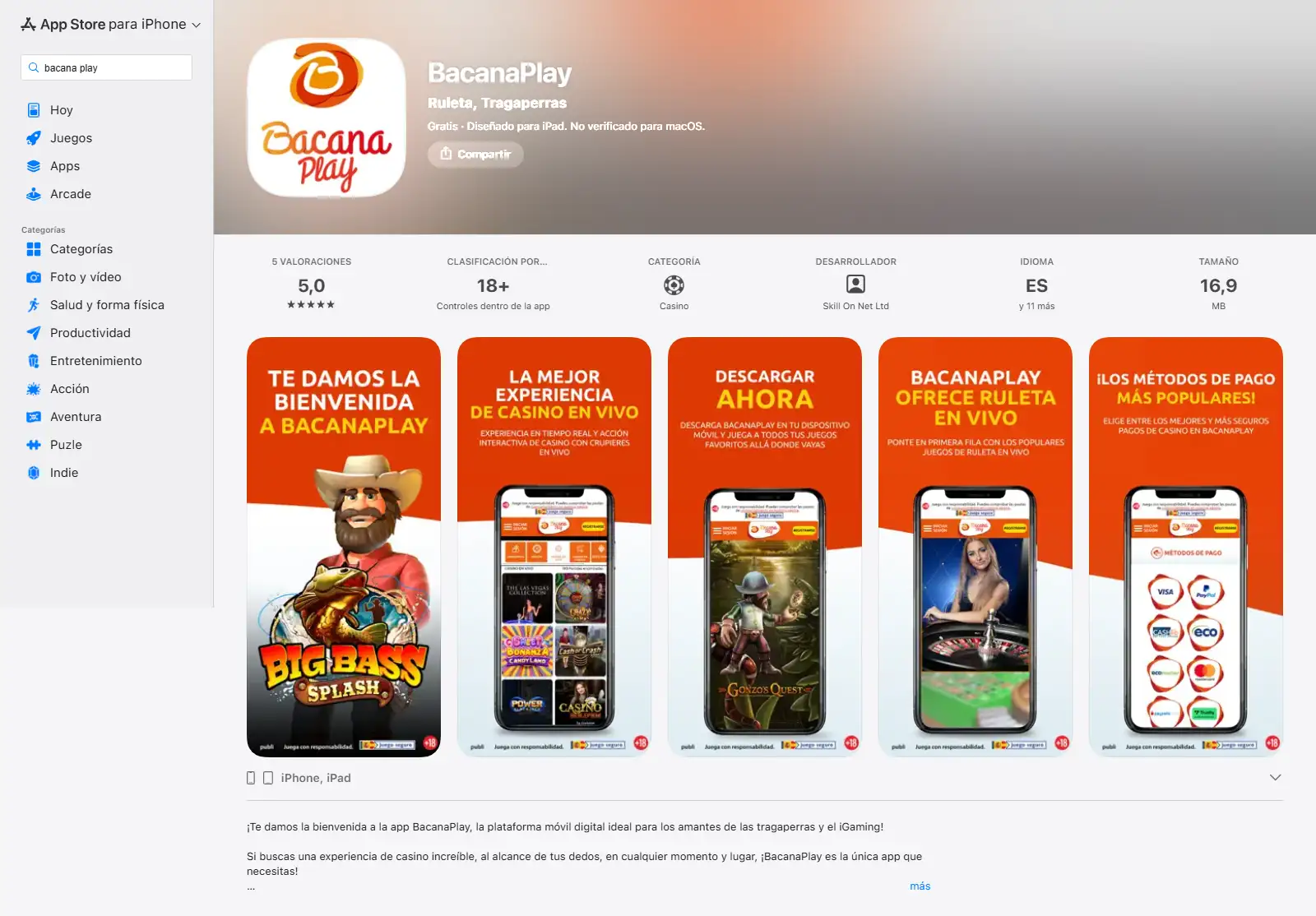 Ficha oficial de BacanaPlay en la App Store de España