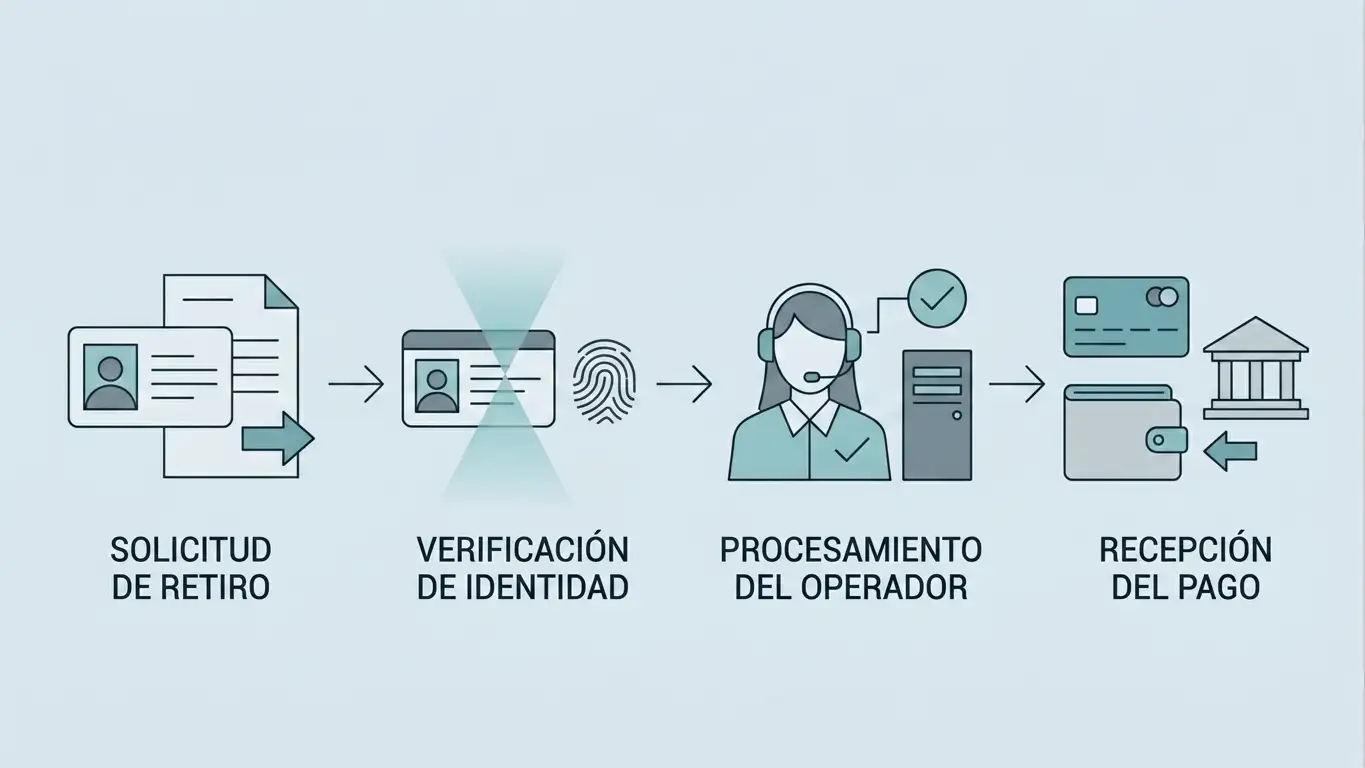 Ilustración del proceso de retirada desde solicitud y verificación hasta procesamiento y recepción