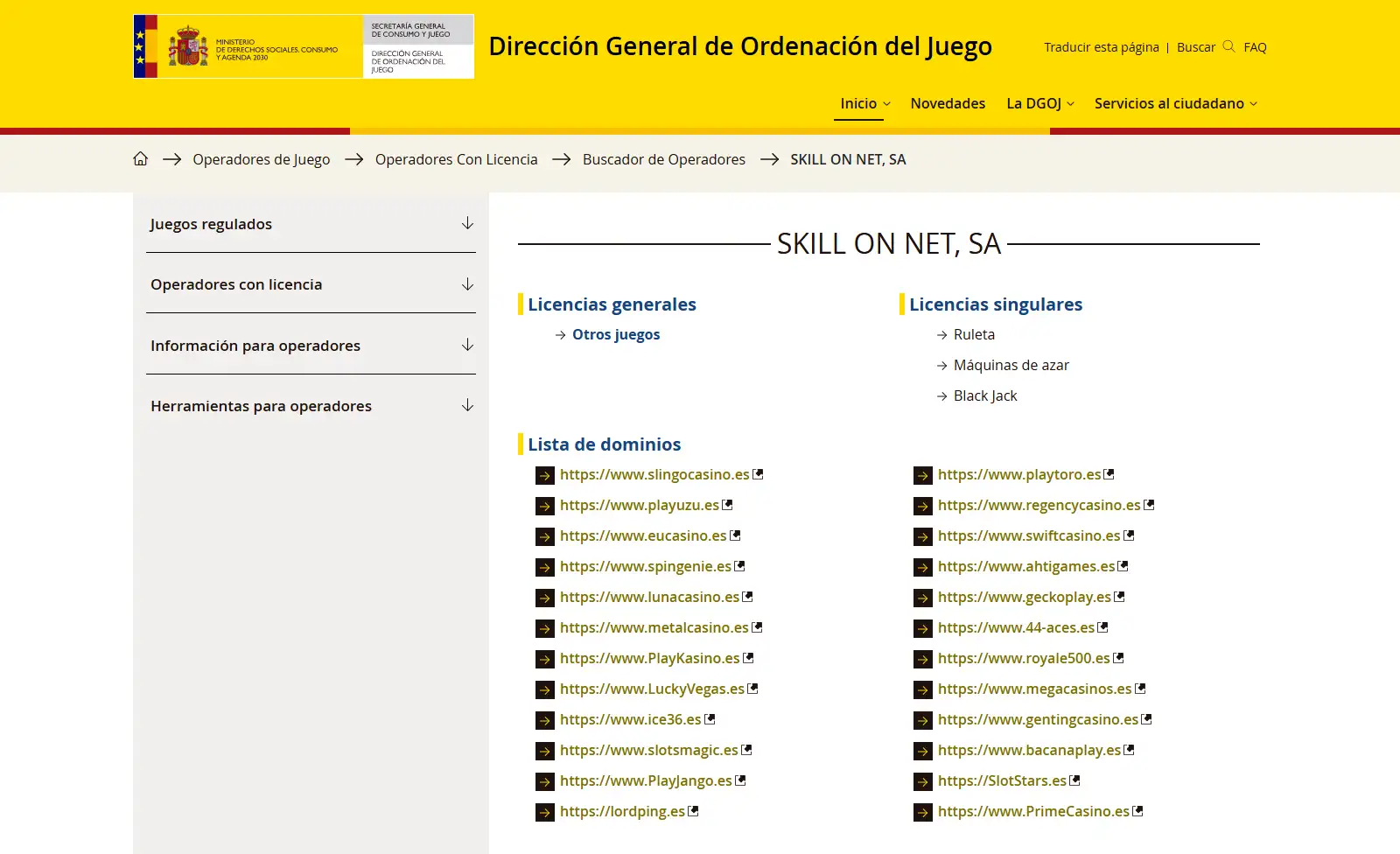 Registro oficial DGOJ de Skill On Net con el dominio bacanaplay.es