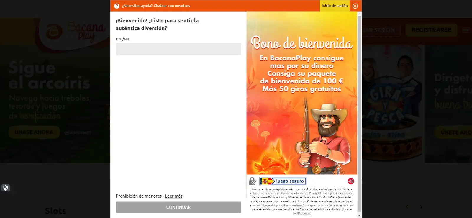 Pantalla de registro o verificación de BacanaPlay sin datos personales