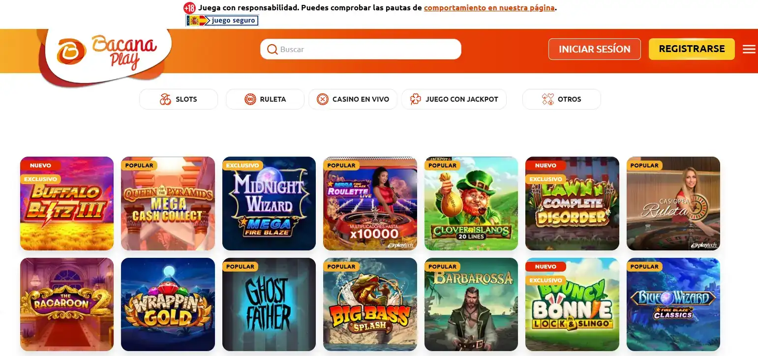Lobby oficial de juegos de BacanaPlay con categorías y proveedores visibles